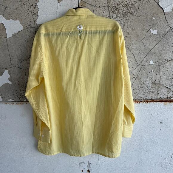 Gingham Top Butter Yellow Embroidered Daisies Bees Button Down Shirt Gardencore - Picture 6 of 7
